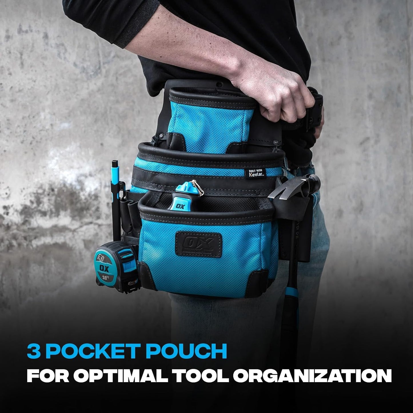 OX Tools Pochette Ultime à 3 Poches En Cuir Et Nylon, Cuir Pleine Fleur Et Renforts En Kevlar