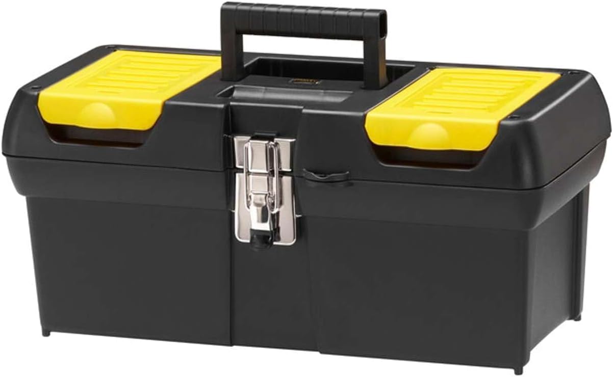  Stanley 1-92-065 Boite A Outils 2 Organiseurs Sur Le Couvercle - Robuste - Attaches Métalliques Résistantes - Porte Outils Amovible - Poignée Articulée, 40.5 X 21 X 18,3 Cm Jaune