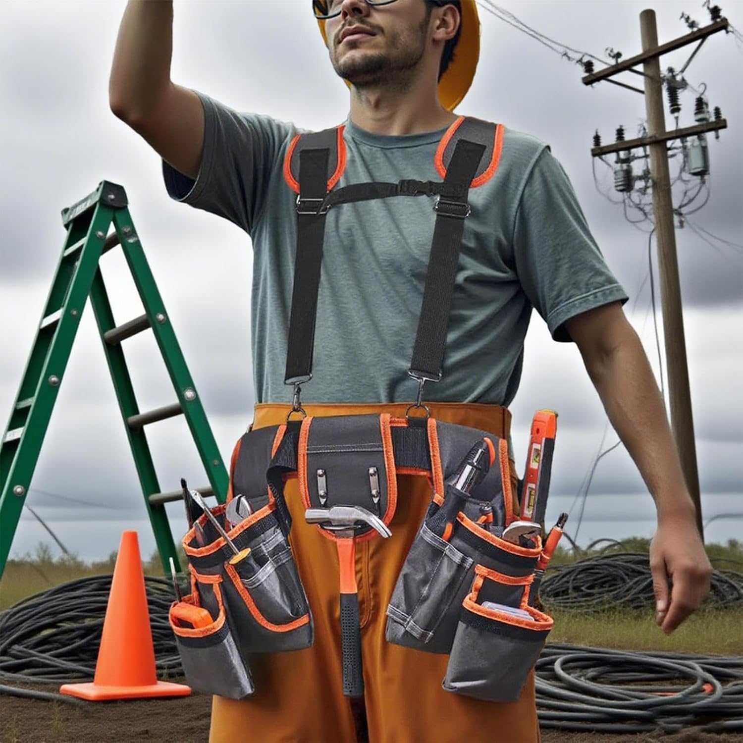  Ceinture à Outils Renforcée - Organisateur De Ceinture Porte-Outils - Ceinturon Réglable Avec Bretelles Et 19 Poches Pour Les Sites De Construction Réparations De Plomberie Installations