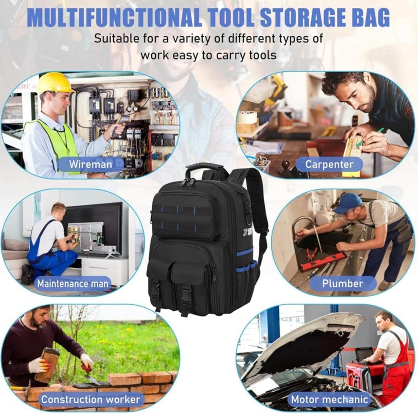 GENERIC Sac à Dos à Outils D'électricien – Sac De Rangement à Rigide | Avec Plusieurs Poches – Sacs à Outils Robustes Pour Homme | Pour Technicien, électricien, Charpentier, Plombier, Amélioration De La