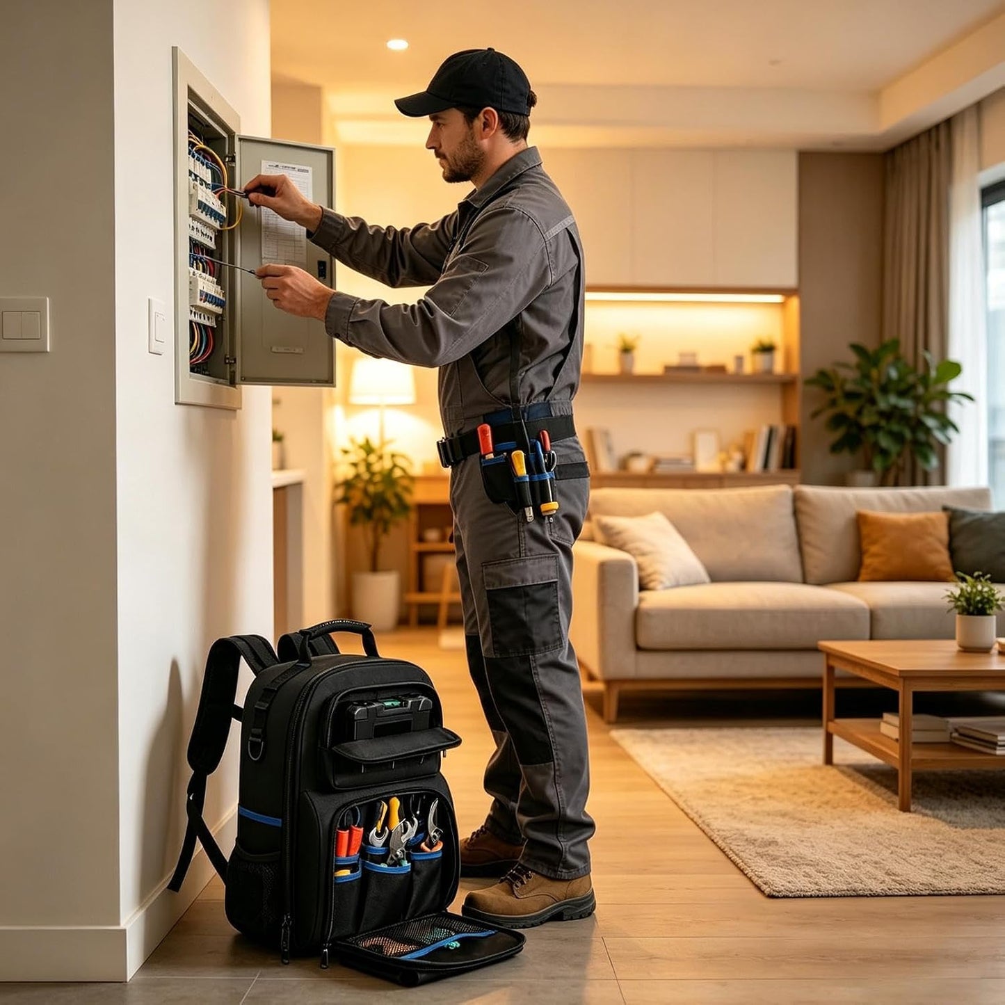 Genérico Sac à Dos Porte-outils Robuste, Organisateur Avec Base Rigide, Avec De Nombreuses Poches, Sac à Dos Porte-outils Robuste Pour Homme, Pour Technicien, Bâtiment, électricien, Plombier, Usage Extérieur