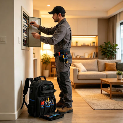 Genérico Sac à Dos Porte-outils Robuste, Organisateur Avec Base Rigide, Avec De Nombreuses Poches, Sac à Dos Porte-outils Robuste Pour Homme, Pour Technicien, Bâtiment, électricien, Plombier, Usage Extérieur