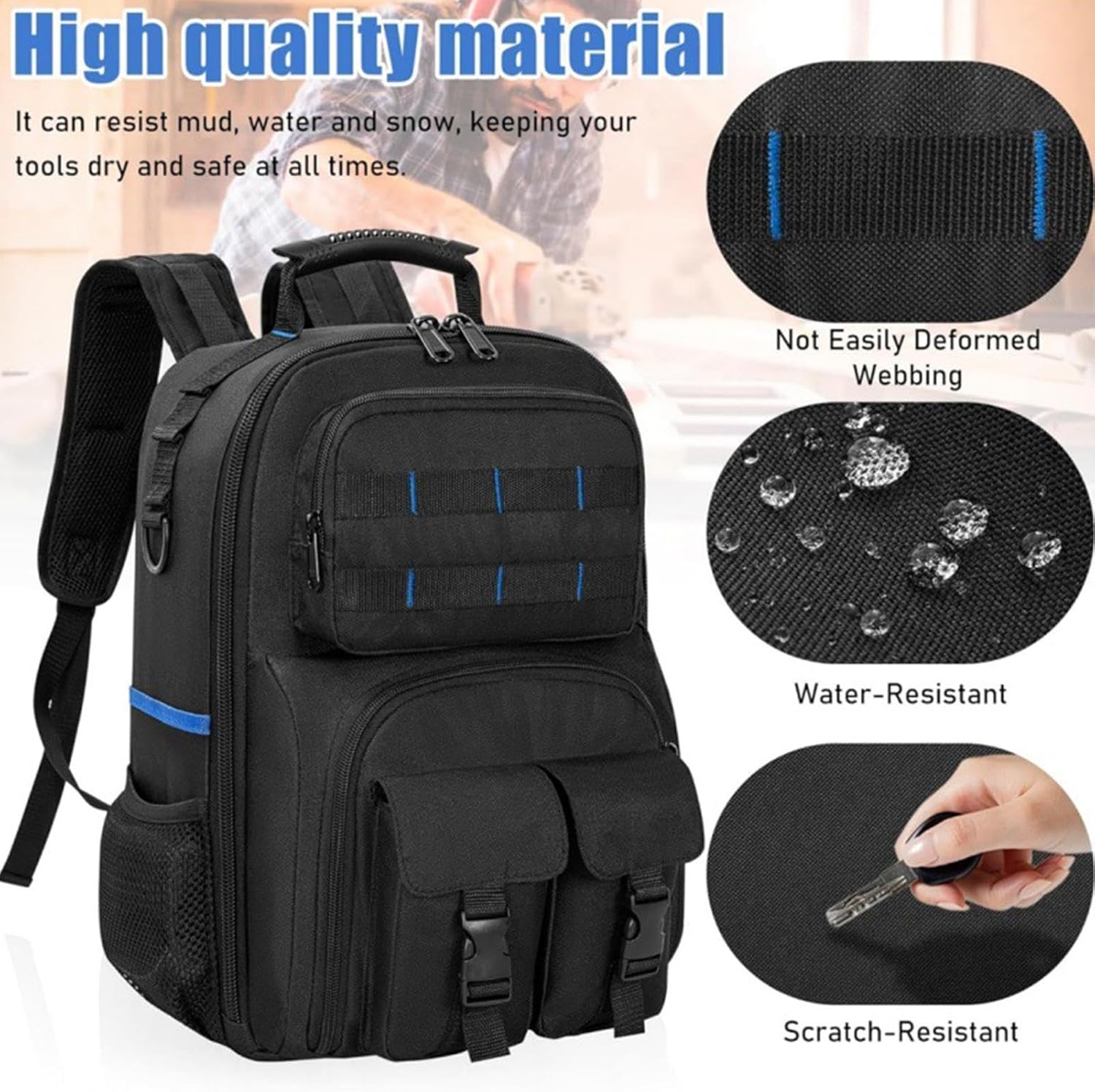 Genérico Sac à Dos Porte-outils Robuste, Organisateur Avec Base Rigide, Avec De Nombreuses Poches, Sac à Dos Porte-outils Robuste Pour Homme, Pour Technicien, Bâtiment, électricien, Plombier, Usage Extérieur