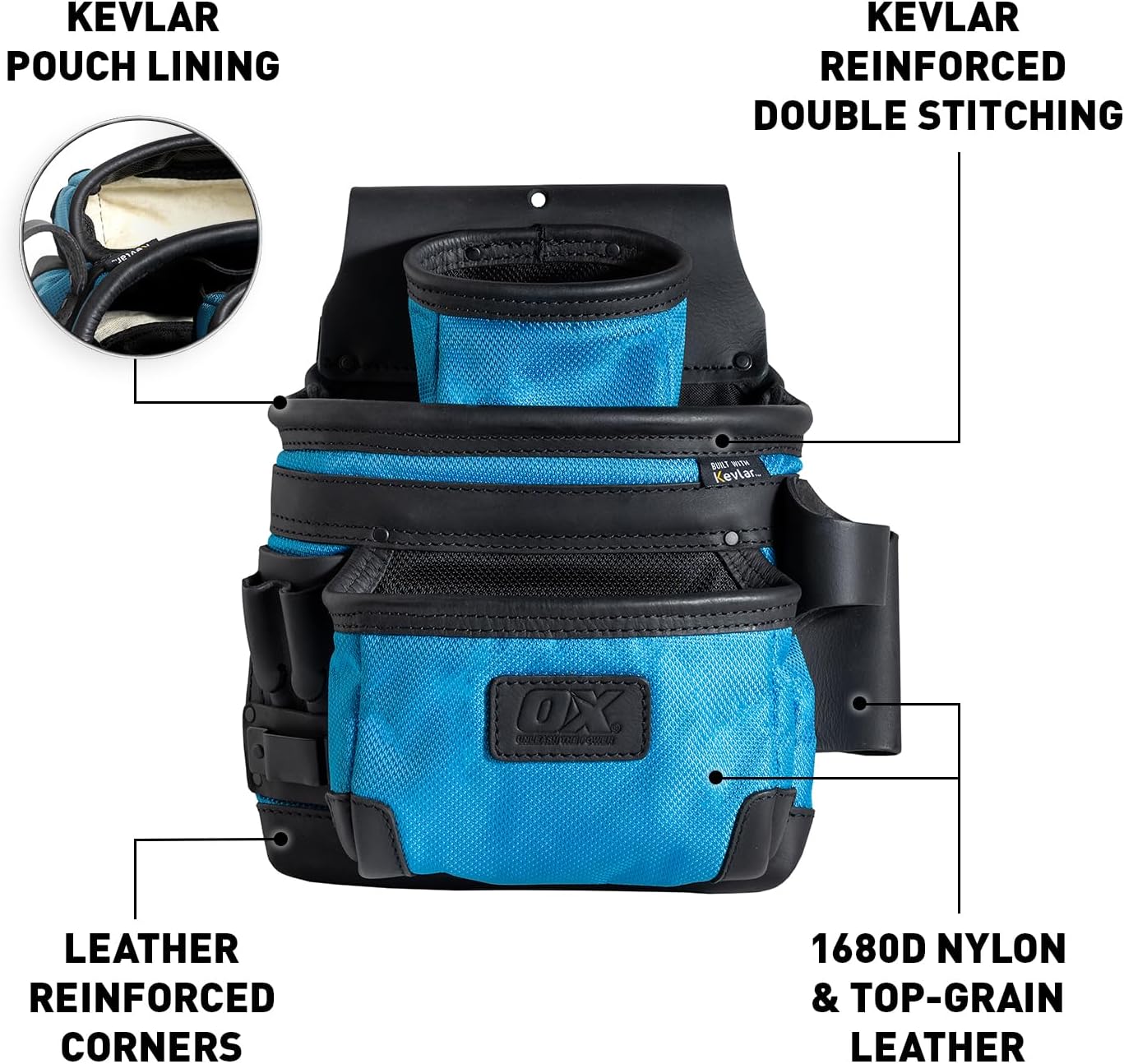  OX Tools Pochette Ultime à 3 Poches En Cuir Et Nylon, Cuir Pleine Fleur Et Renforts En Kevlar