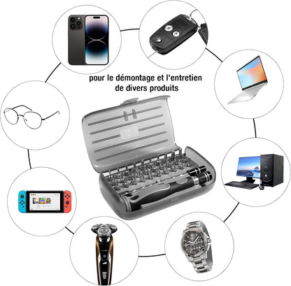  Vinabo Jeu Tournevis De Précision 32 En 1- Mini Set Tournevis Magnétique Bricolage Electronique De Réparation Kit, Outil Informatique Pour PC, MacBook, IPhone, Lunettes, Montre, Smartphone